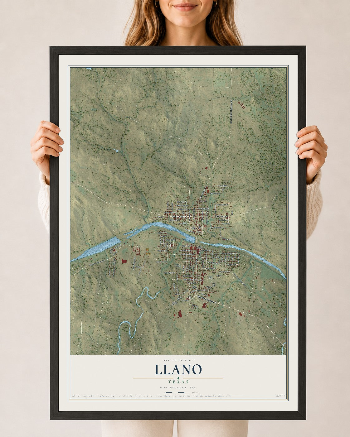 Map of Llano, Texas, 24 x 36 inch print in a black wood frame