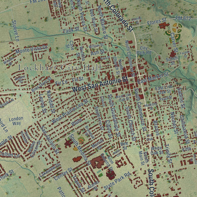 Close-up of the map of Lockhart, Texas print showing street and building detail