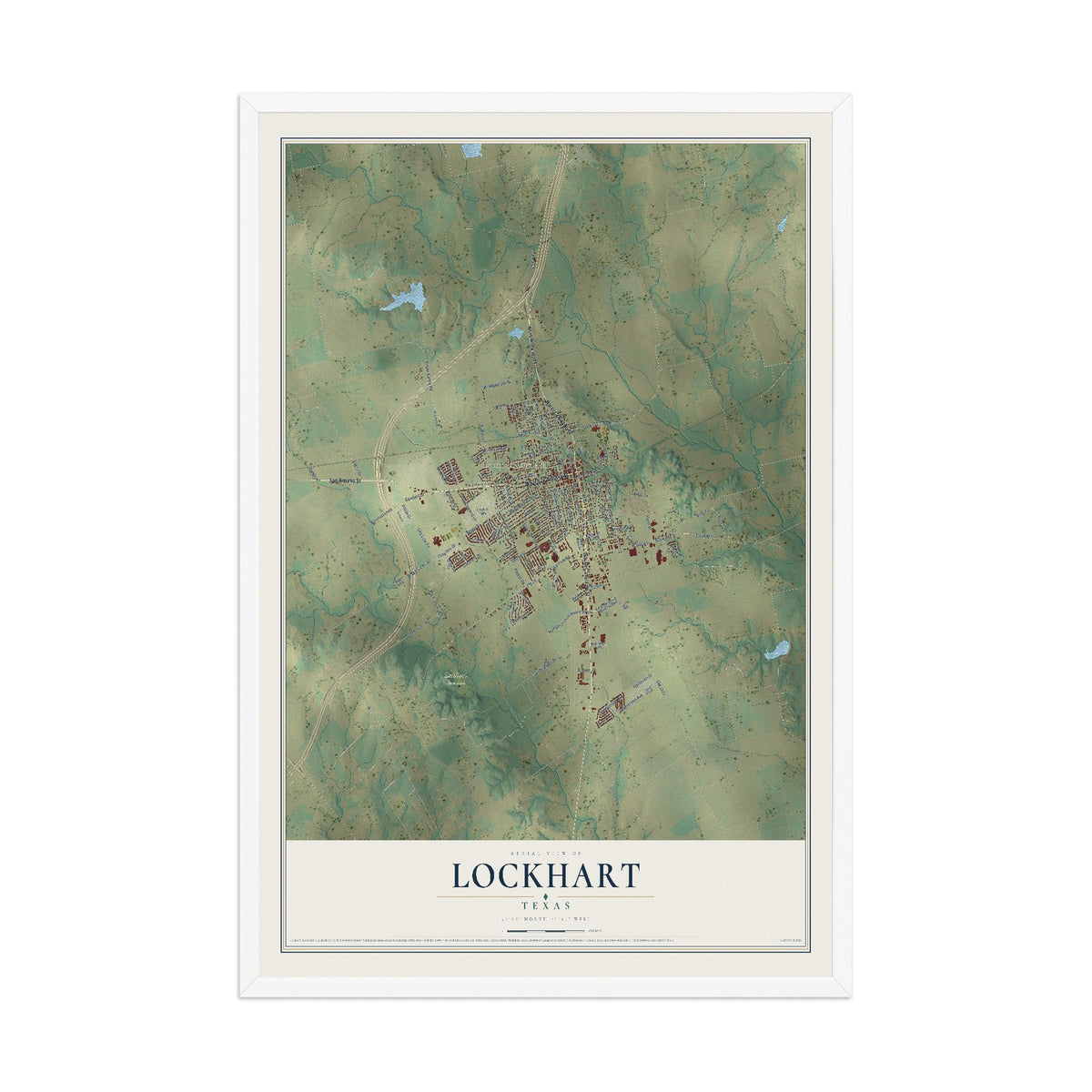 Map of Lockhart, Texas, 12 x 18 inch print in a white wood frame