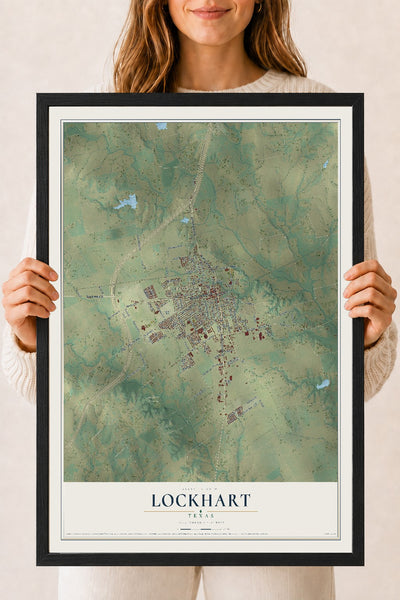 Map of Lockhart, Texas, 18 x 24 inch print in a black wood frame