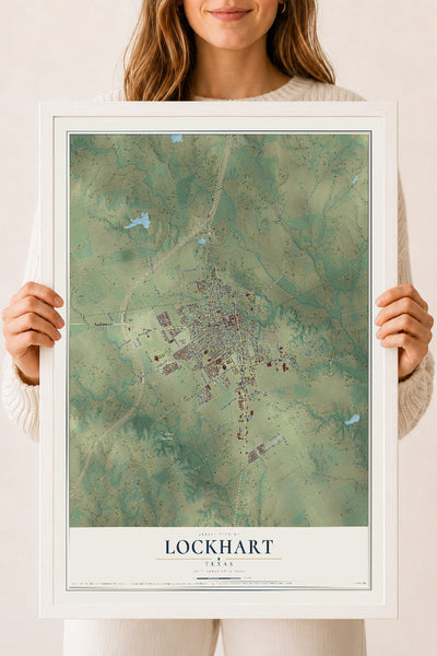 Map of Lockhart, Texas, 18 x 24 inch print in a white wood frame