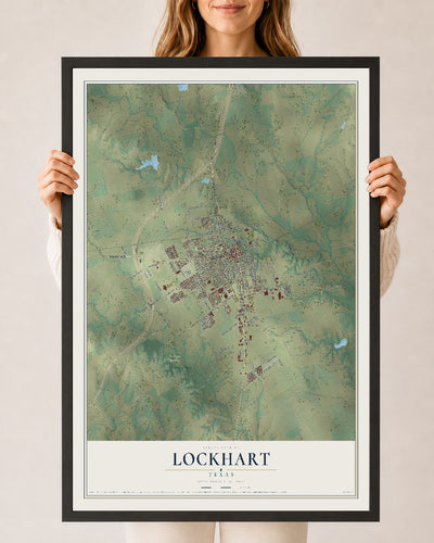 Map of Lockhart, Texas, 24 x 36 inch print in a black wood frame