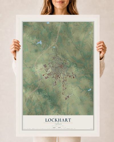 Map of Lockhart, Texas, 24 x 36 inch print in a white wood frame