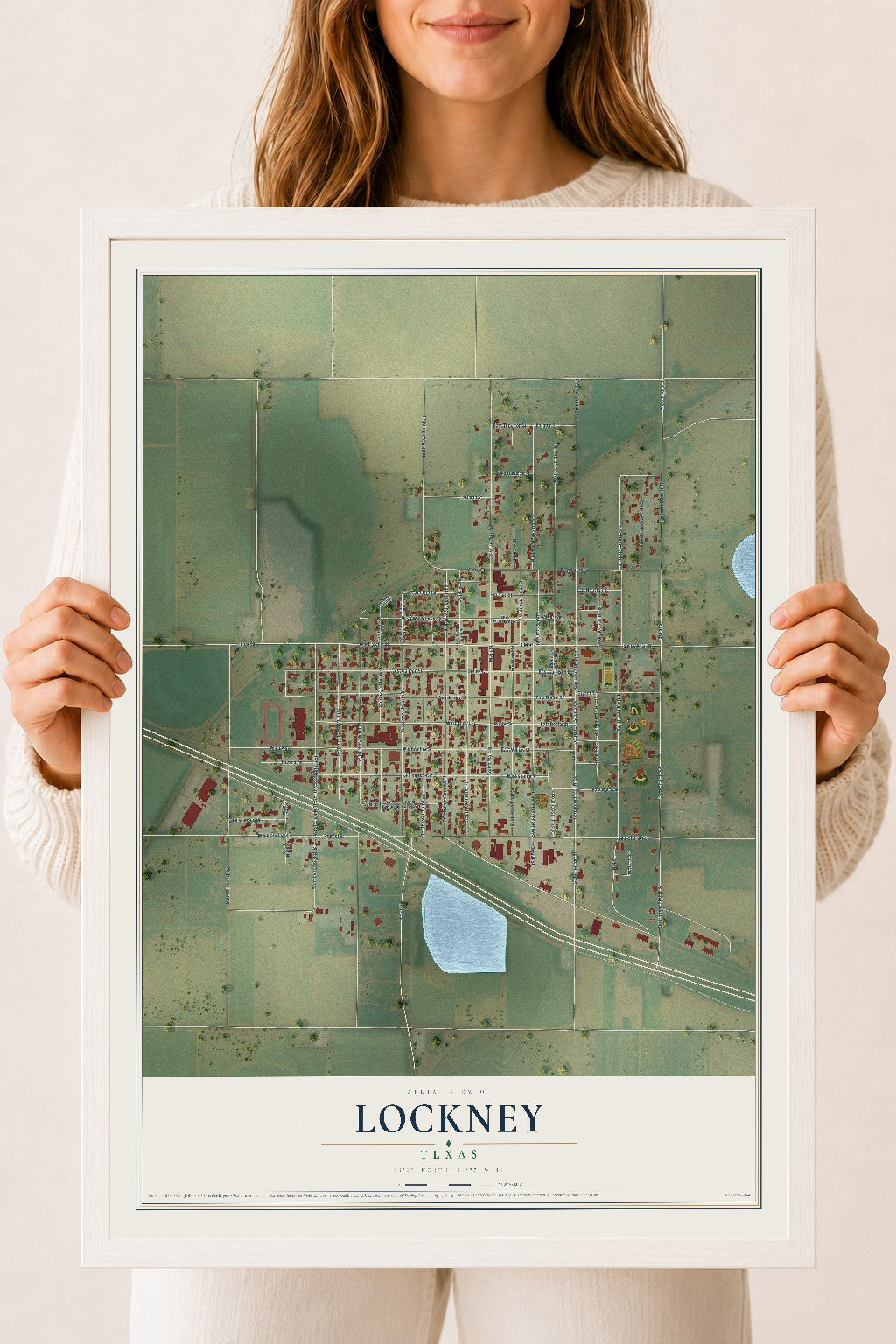 Map of Lockney, Texas, 18 x 24 inch print in a white wood frame