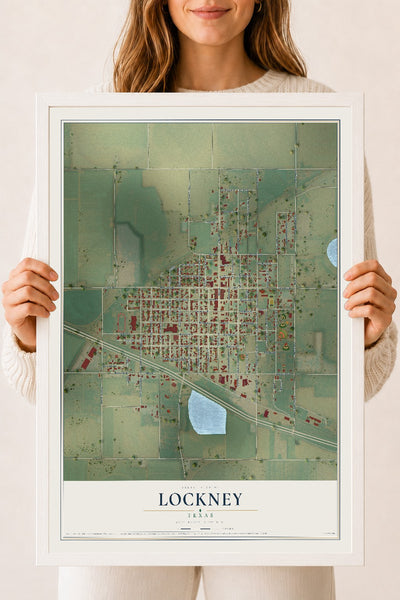 Map of Lockney, Texas, 18 x 24 inch print in a white wood frame