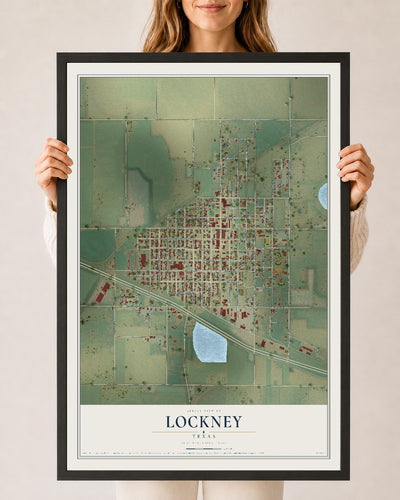 Map of Lockney, Texas, 24 x 36 inch print in a black wood frame
