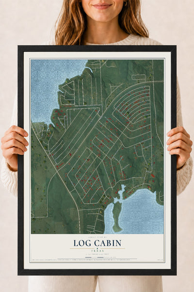 Map of Log Cabin, Texas, 18 x 24 inch print in a black wood frame