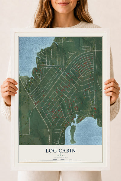 Map of Log Cabin, Texas, 18 x 24 inch print in a white wood frame