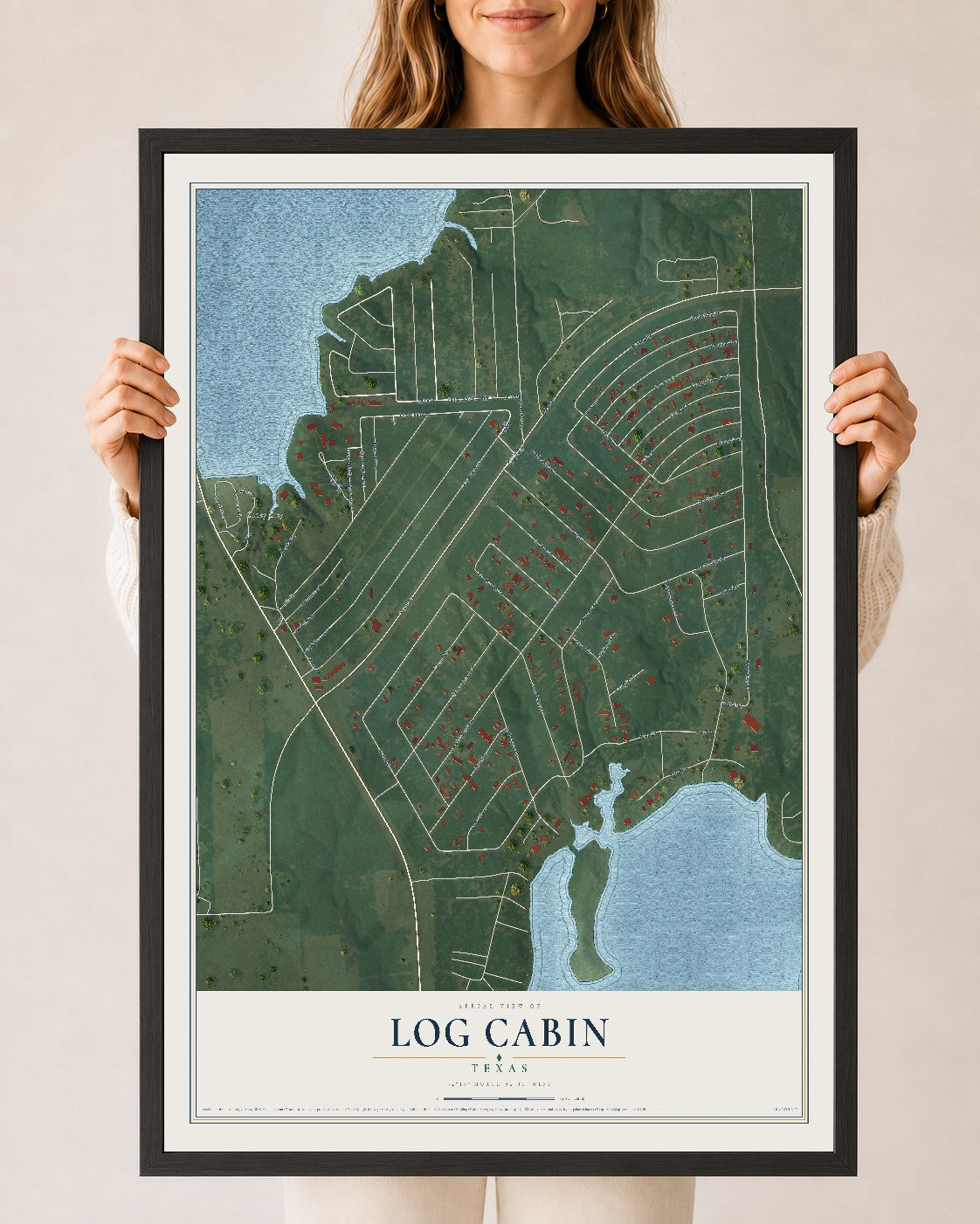 Map of Log Cabin, Texas, 24 x 36 inch print in a black wood frame