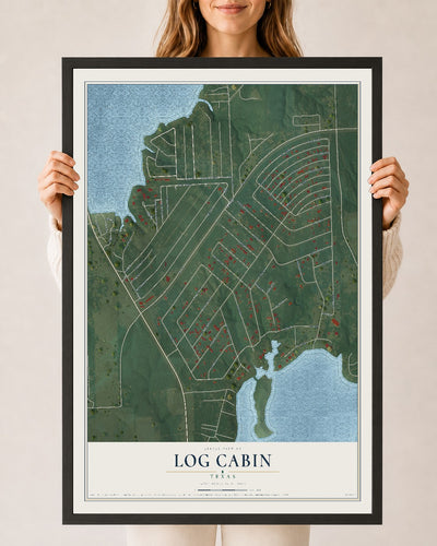 Map of Log Cabin, Texas, 24 x 36 inch print in a black wood frame