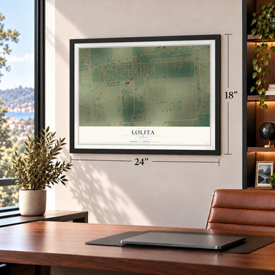 Lolita, Texas map, 18 x 24 inch print in a black frame in a home office