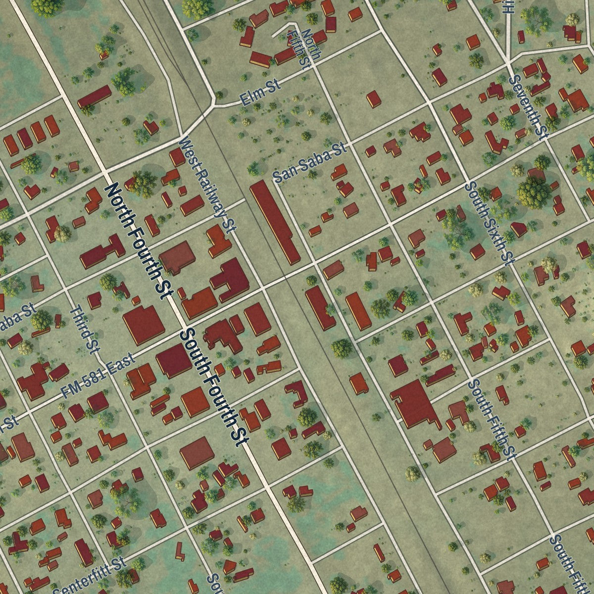 Close-up of the map of Lometa, Texas print showing street and building detail