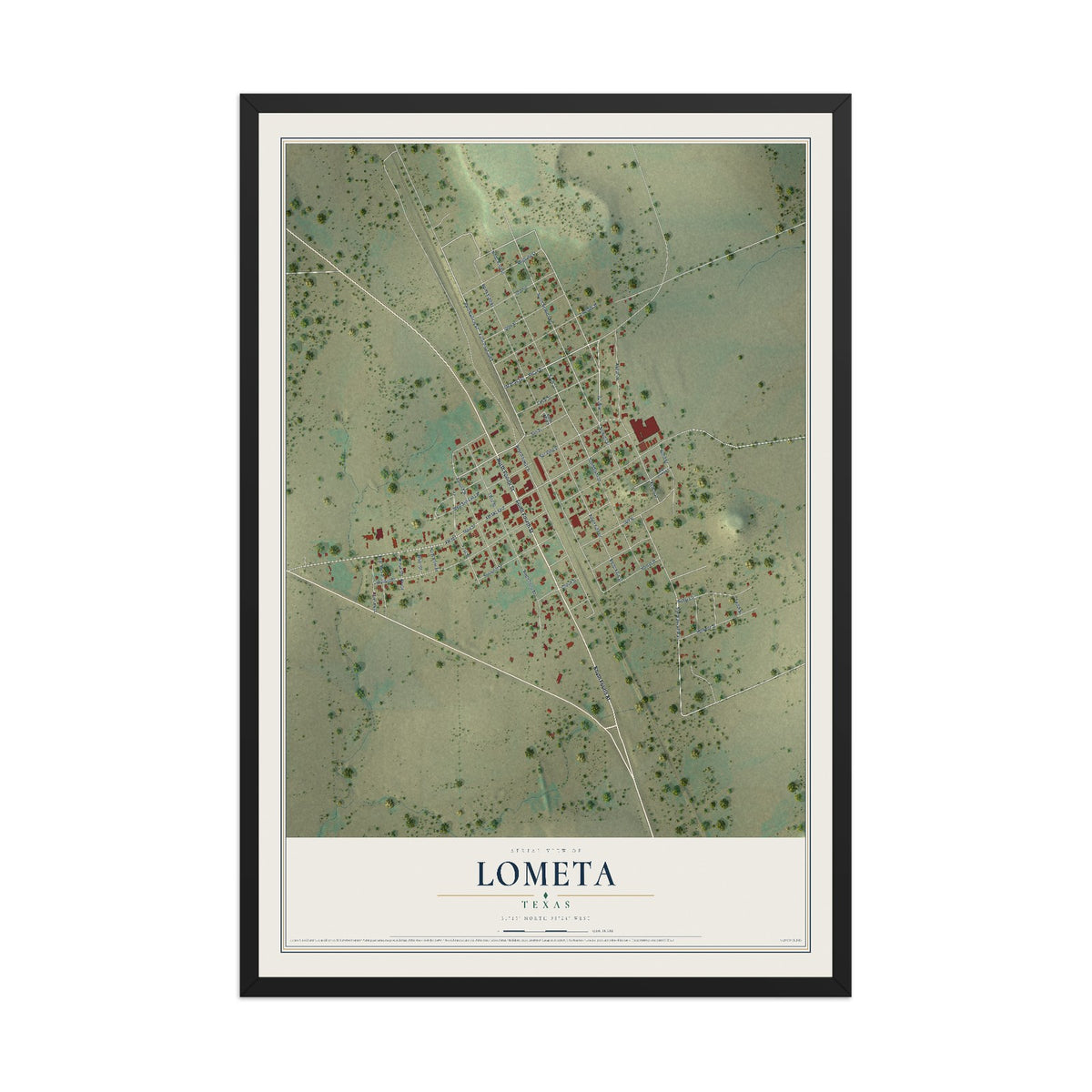 Map of Lometa, Texas, 12 x 18 inch print in a black wood frame