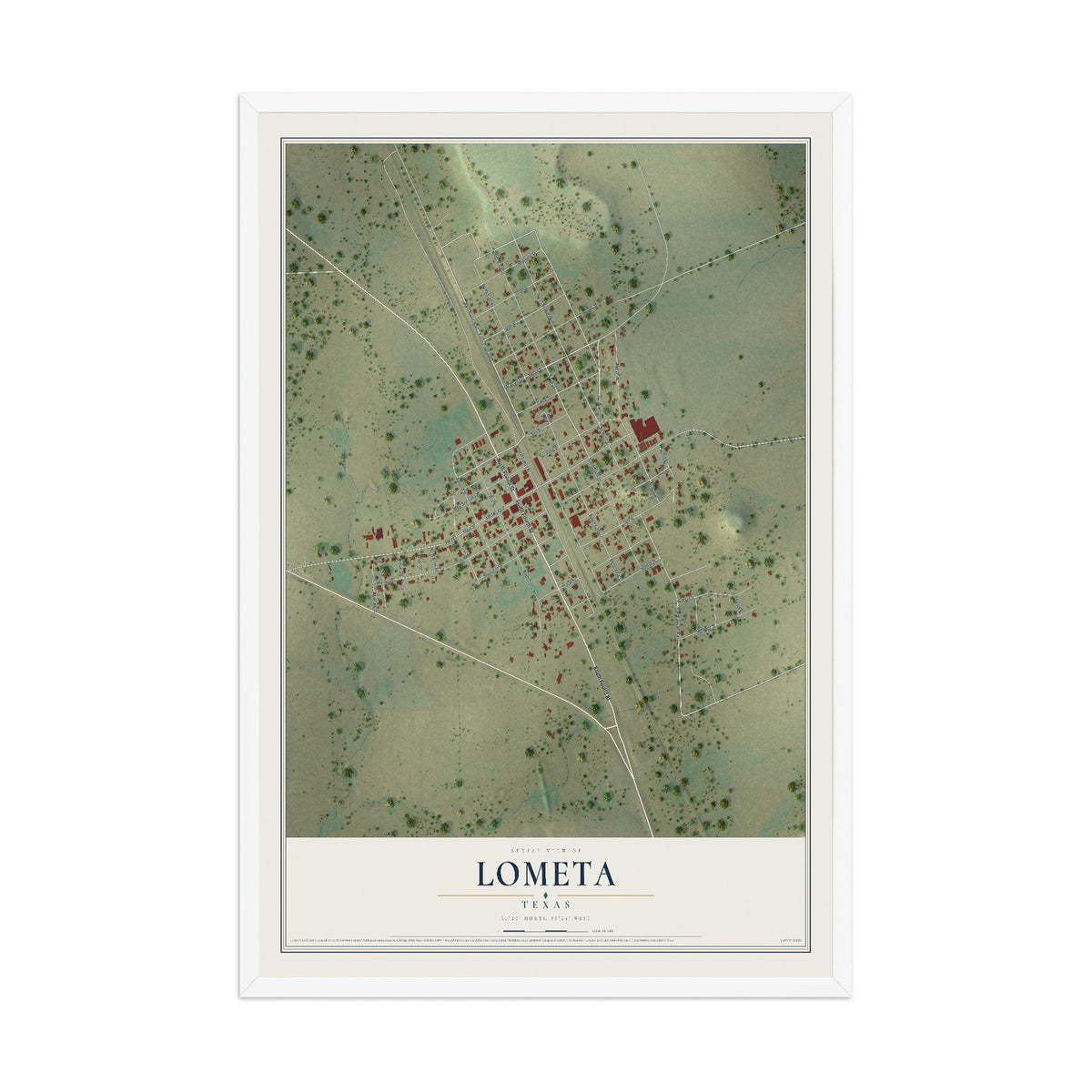 Map of Lometa, Texas, 12 x 18 inch print in a white wood frame