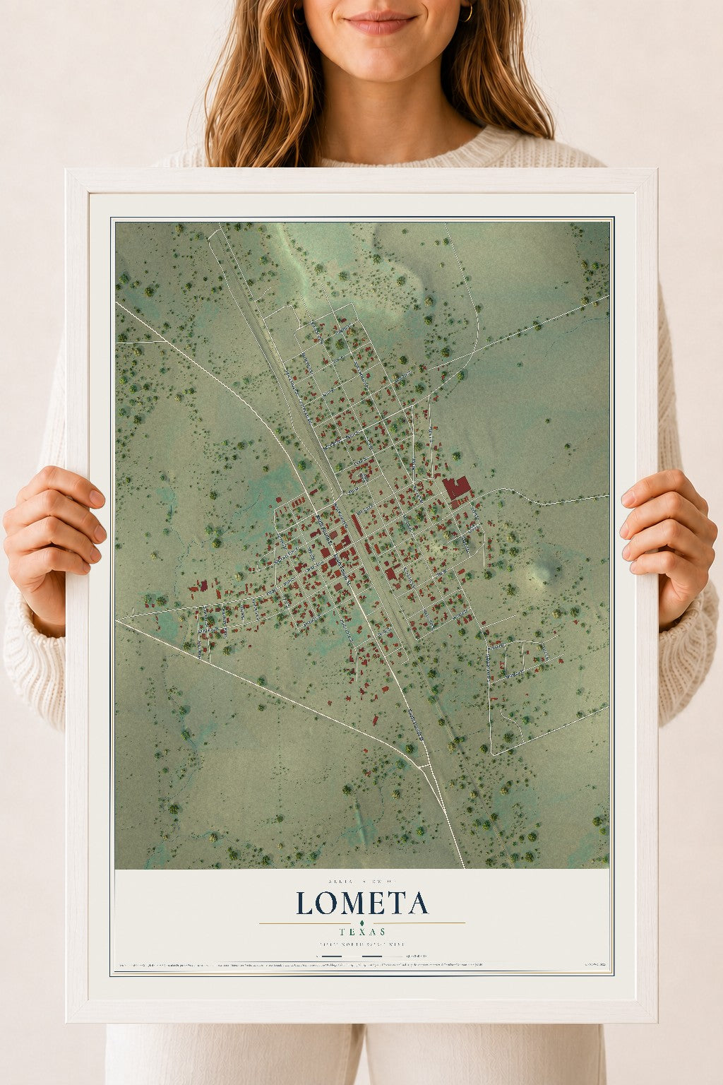 Map of Lometa, Texas, 18 x 24 inch print in a white wood frame
