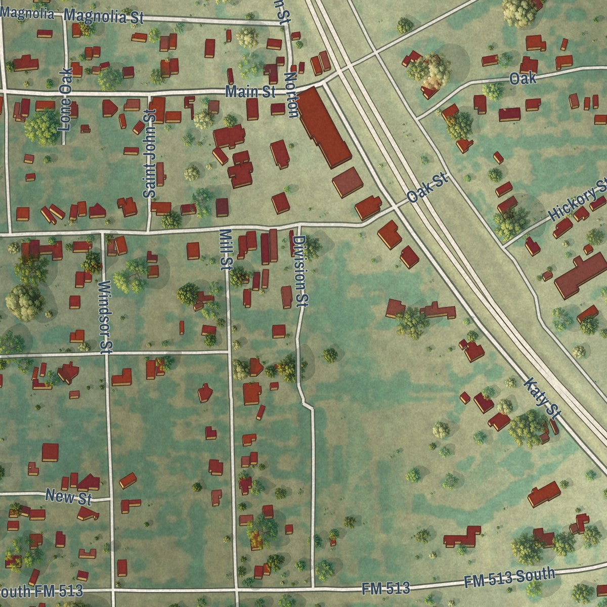 Close-up of the map of Lone Oak, Texas print showing street and building detail