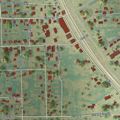 Close-up of the map of Lone Oak, Texas print showing street and building detail