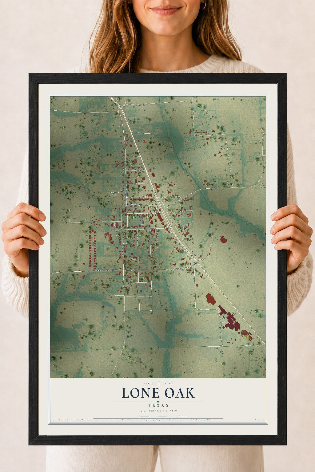 Map of Lone Oak, Texas, 18 x 24 inch print in a black wood frame