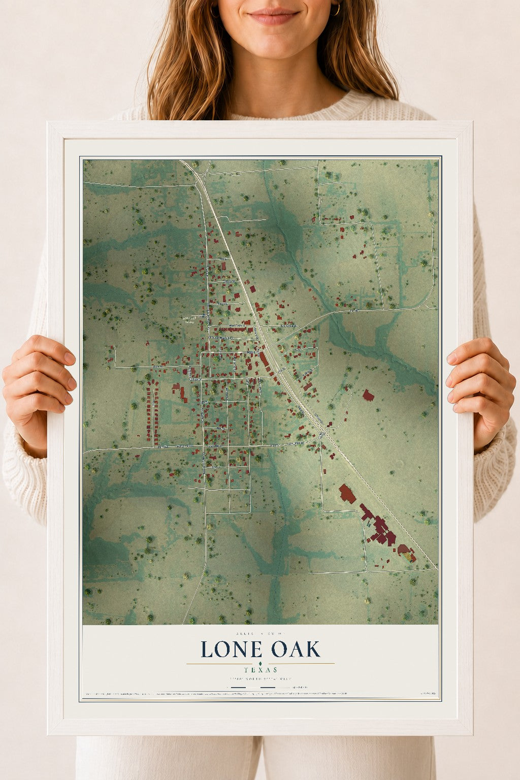 Map of Lone Oak, Texas, 18 x 24 inch print in a white wood frame