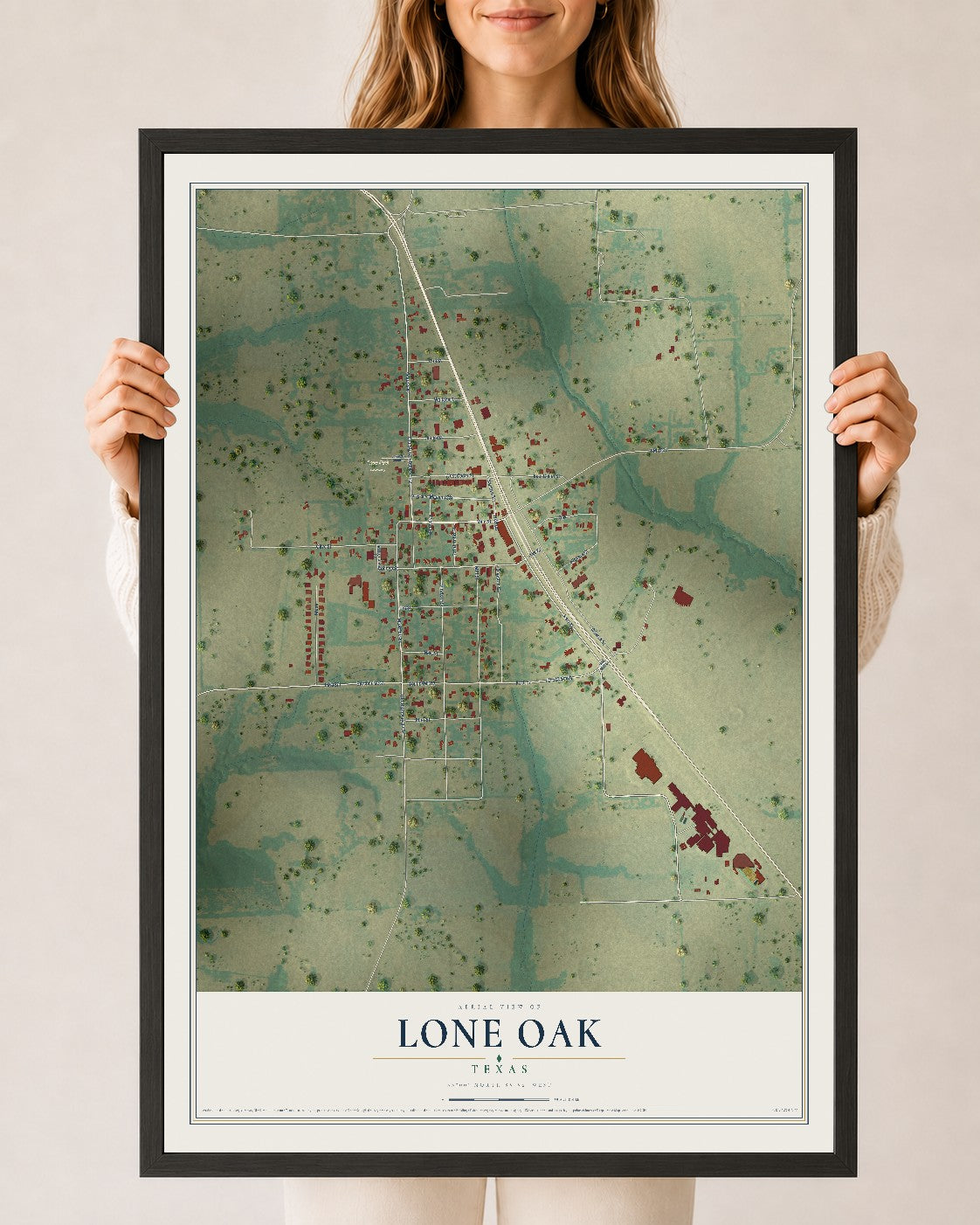Map of Lone Oak, Texas, 24 x 36 inch print in a black wood frame
