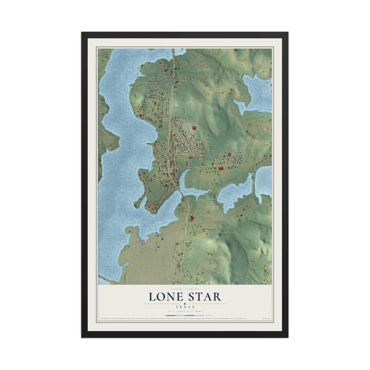 Map of Lone Star, Texas, 12 x 18 inch print in a black wood frame