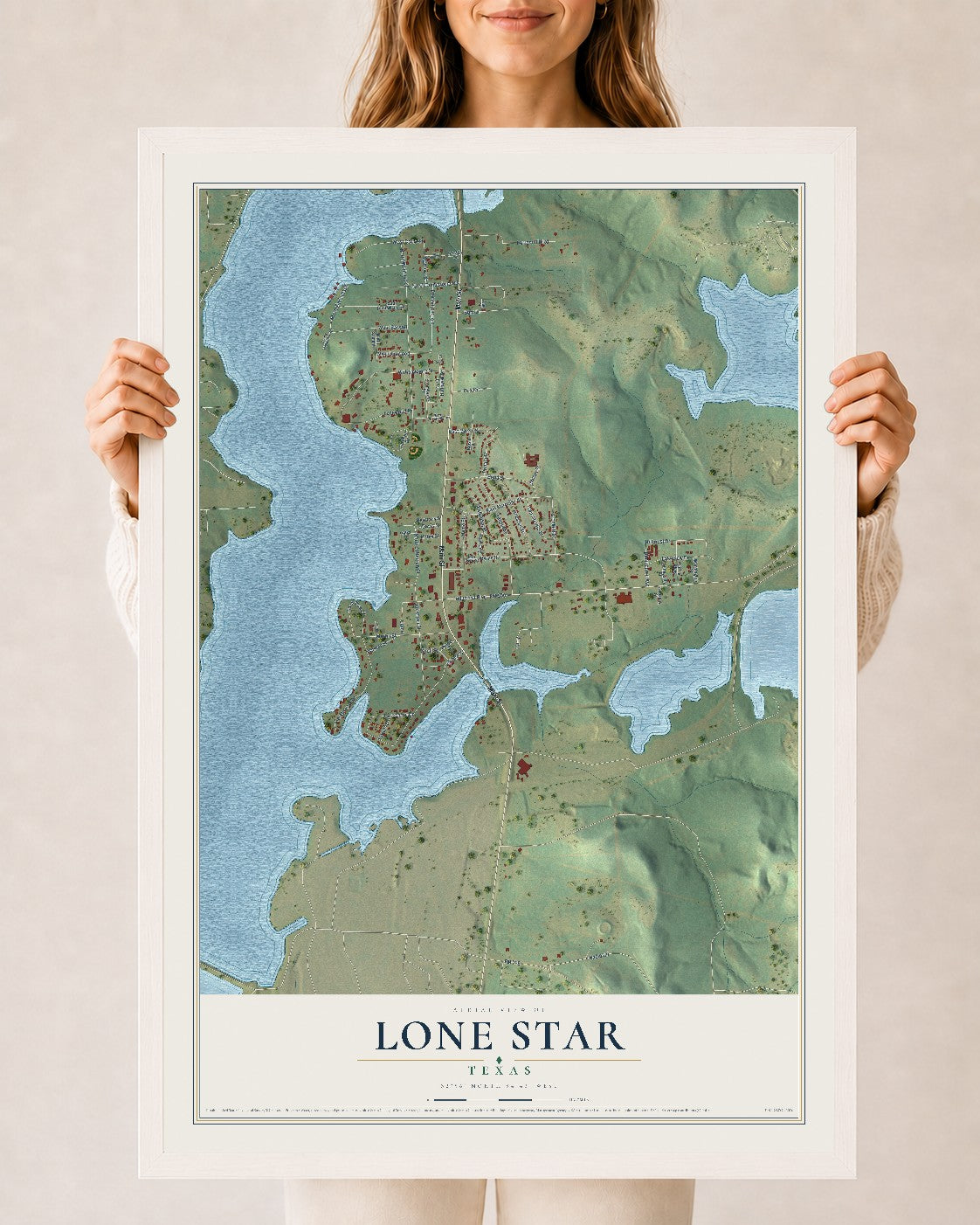 Map of Lone Star, Texas, 24 x 36 inch print in a white wood frame