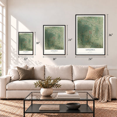 Longoria, Texas map in 12 x 18, 18 x 24 and 24 x 36 inch sizes above a sofa