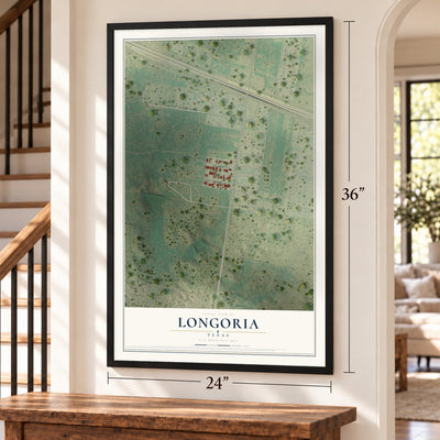 Longoria, Texas map, 24 x 36 inch print in a black frame by a staircase