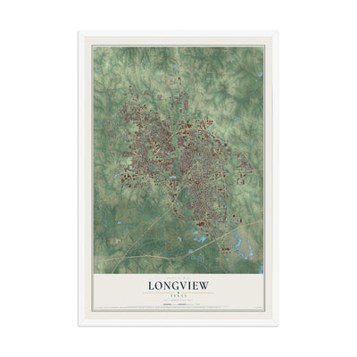 Map of Longview, Texas, 12 x 18 inch print in a white wood frame