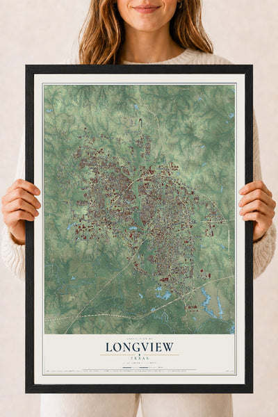 Map of Longview, Texas, 18 x 24 inch print in a black wood frame