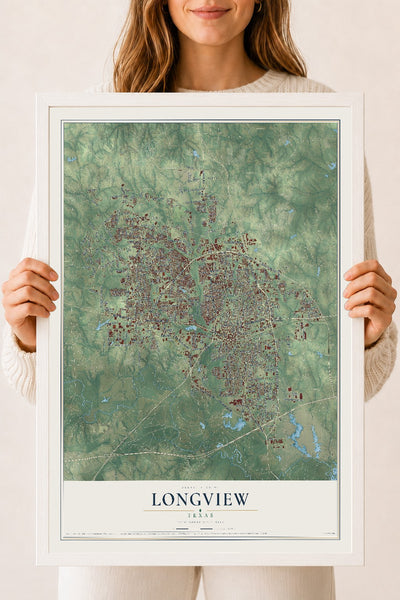Map of Longview, Texas, 18 x 24 inch print in a white wood frame