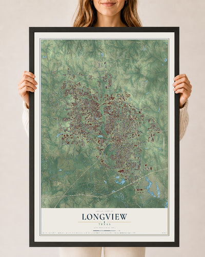 Map of Longview, Texas, 24 x 36 inch print in a black wood frame
