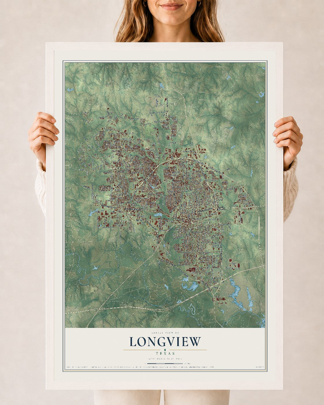 Map of Longview, Texas, 24 x 36 inch print in a white wood frame