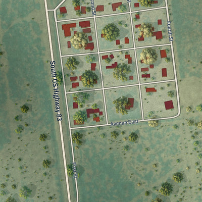 Close-up of the map of Lopeño, Texas print showing street and building detail