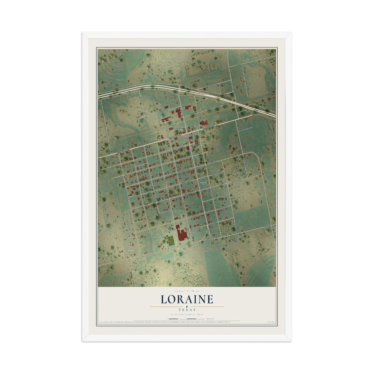 Map of Loraine, Texas, 12 x 18 inch print in a white wood frame