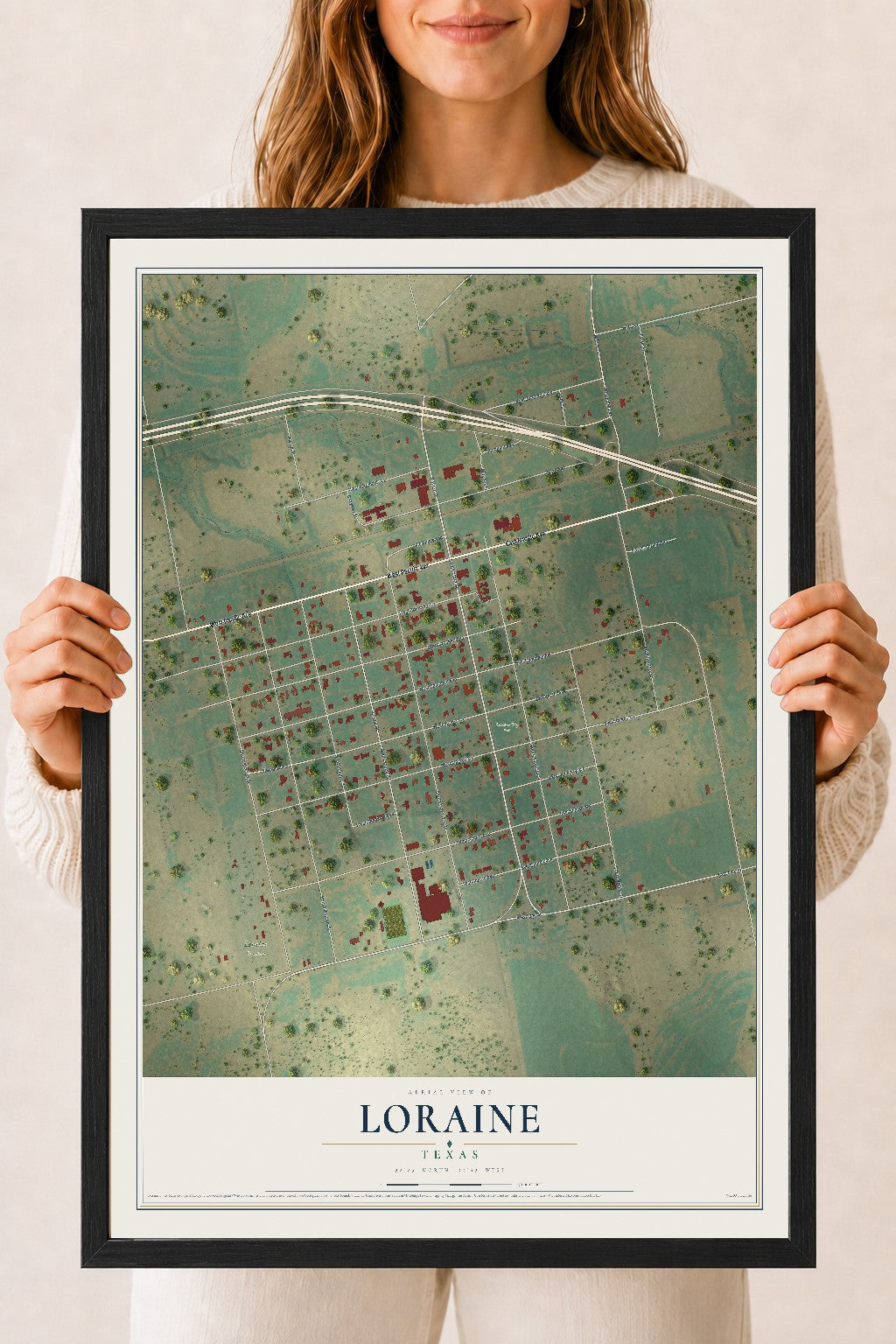 Map of Loraine, Texas, 18 x 24 inch print in a black wood frame