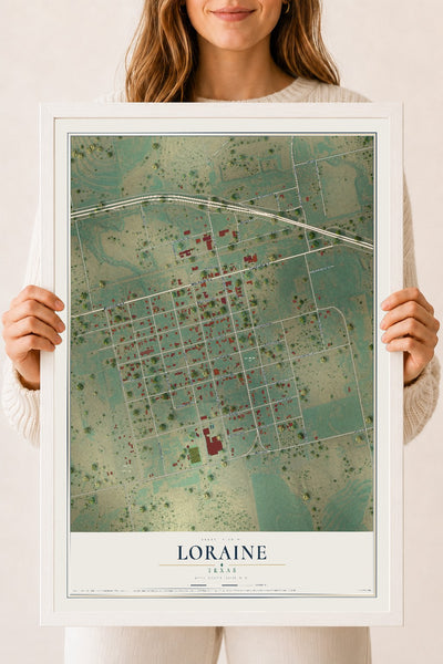 Map of Loraine, Texas, 18 x 24 inch print in a white wood frame