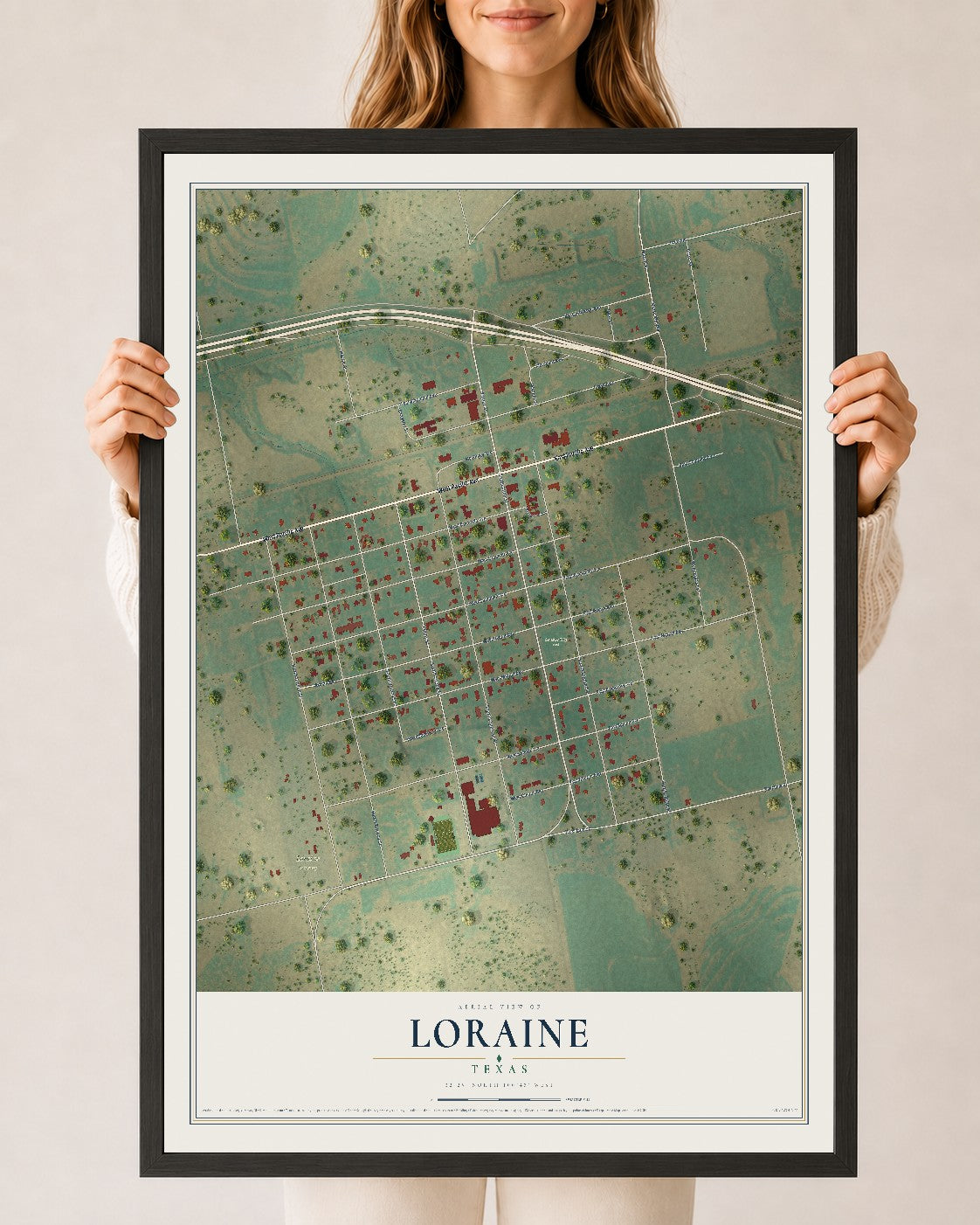 Map of Loraine, Texas, 24 x 36 inch print in a black wood frame