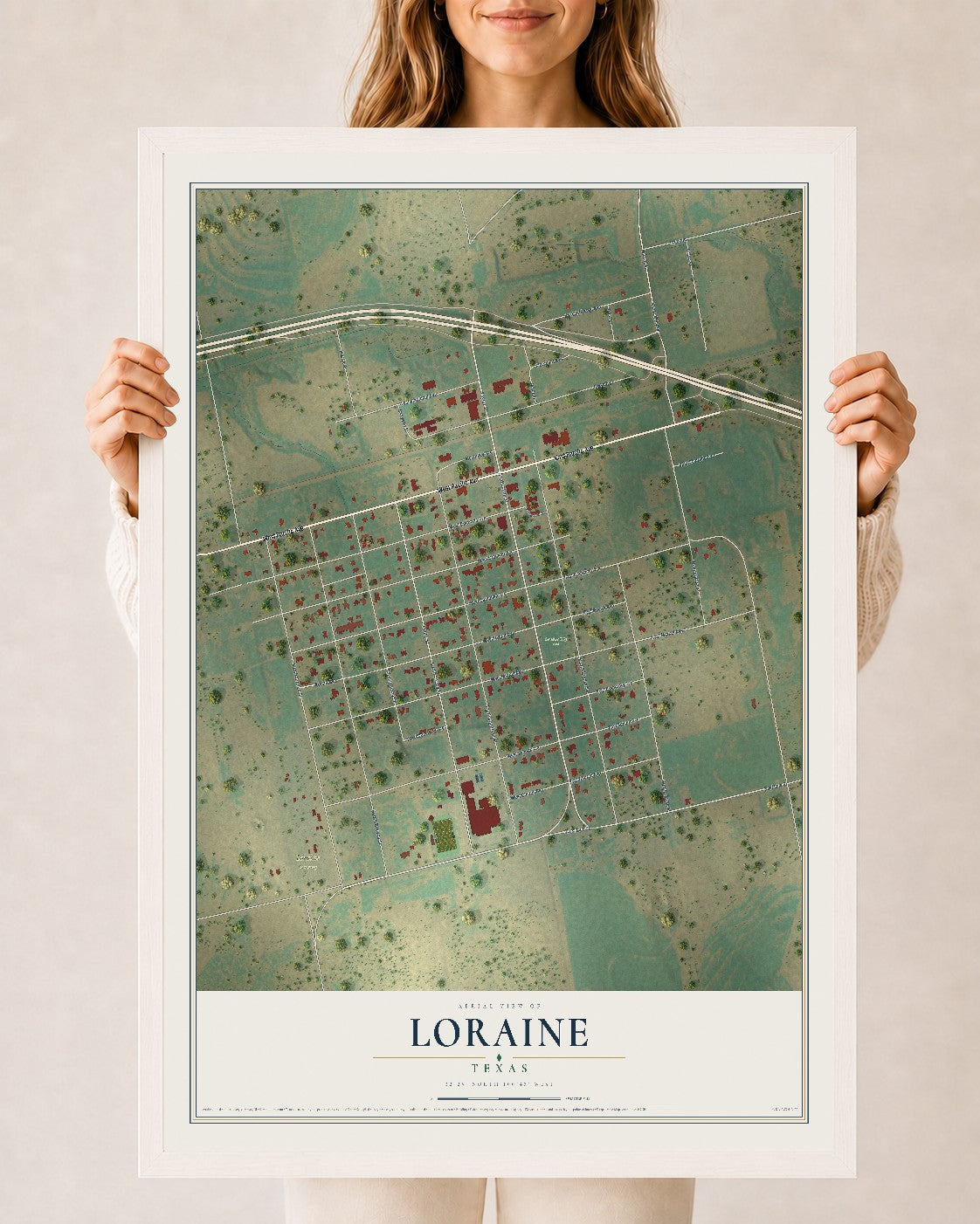 Map of Loraine, Texas, 24 x 36 inch print in a white wood frame