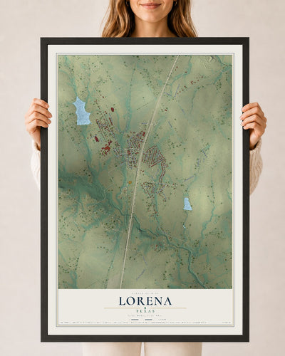 Map of Lorena, Texas, 24 x 36 inch print in a black wood frame