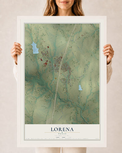 Map of Lorena, Texas, 24 x 36 inch print in a white wood frame
