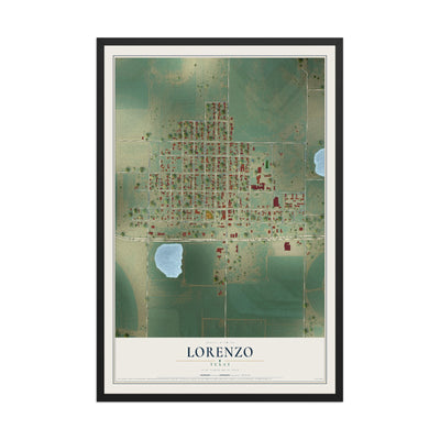 Map of Lorenzo, Texas, 12 x 18 inch print in a black wood frame