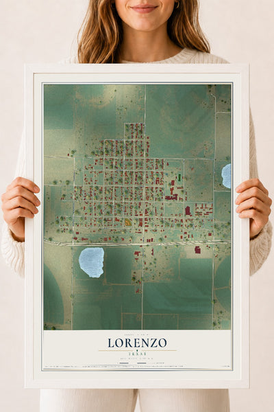 Map of Lorenzo, Texas, 18 x 24 inch print in a white wood frame