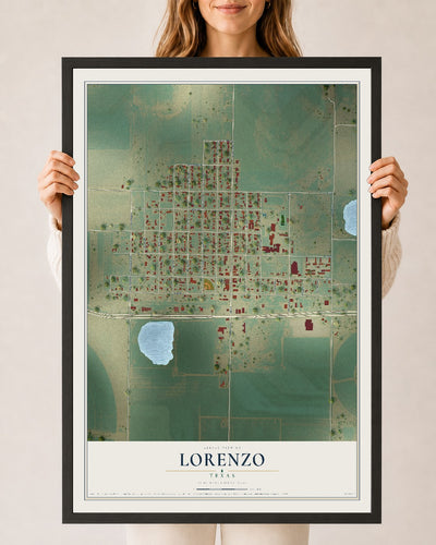 Map of Lorenzo, Texas, 24 x 36 inch print in a black wood frame