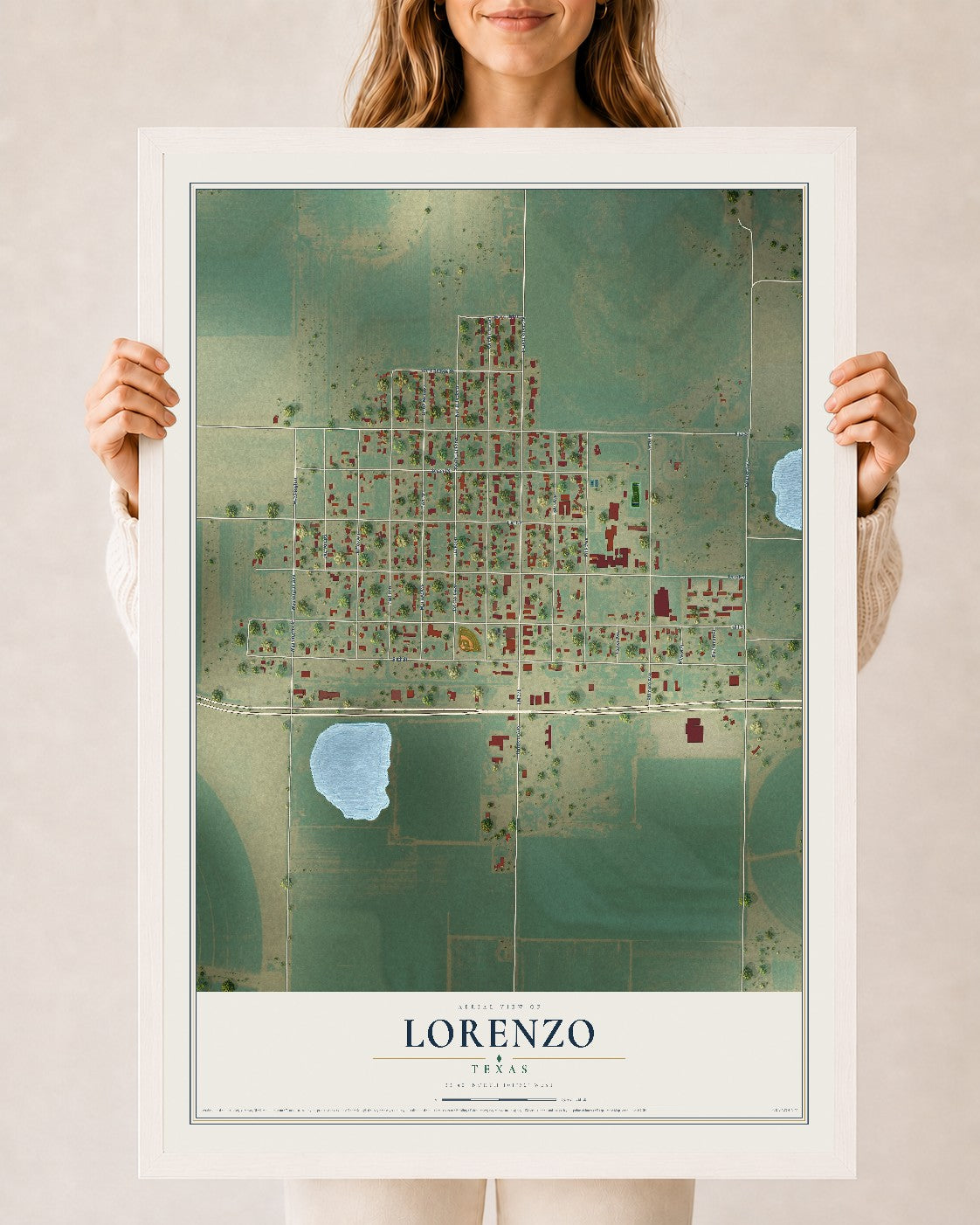 Map of Lorenzo, Texas, 24 x 36 inch print in a white wood frame