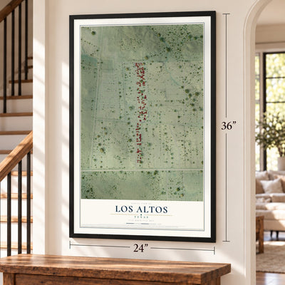 Los Altos, Texas map, 24 x 36 inch print in a black frame by a staircase