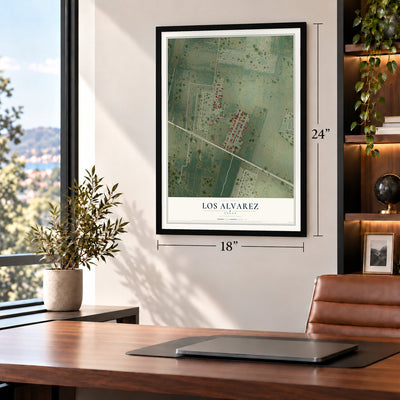 Los Alvarez, Texas map, 18 x 24 inch print in a black frame in a home office