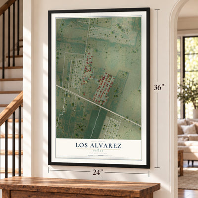 Los Alvarez, Texas map, 24 x 36 inch print in a black frame by a staircase