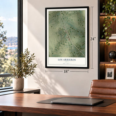Los Arrieros, Texas map, 18 x 24 inch print in a black frame in a home office