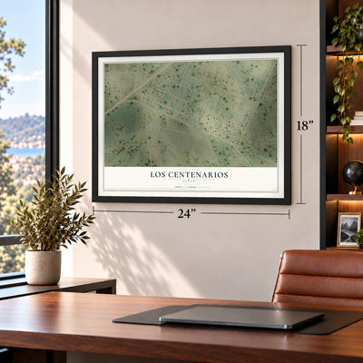 Los Centenarios, Texas map, 18 x 24 inch print in a black frame in a home office